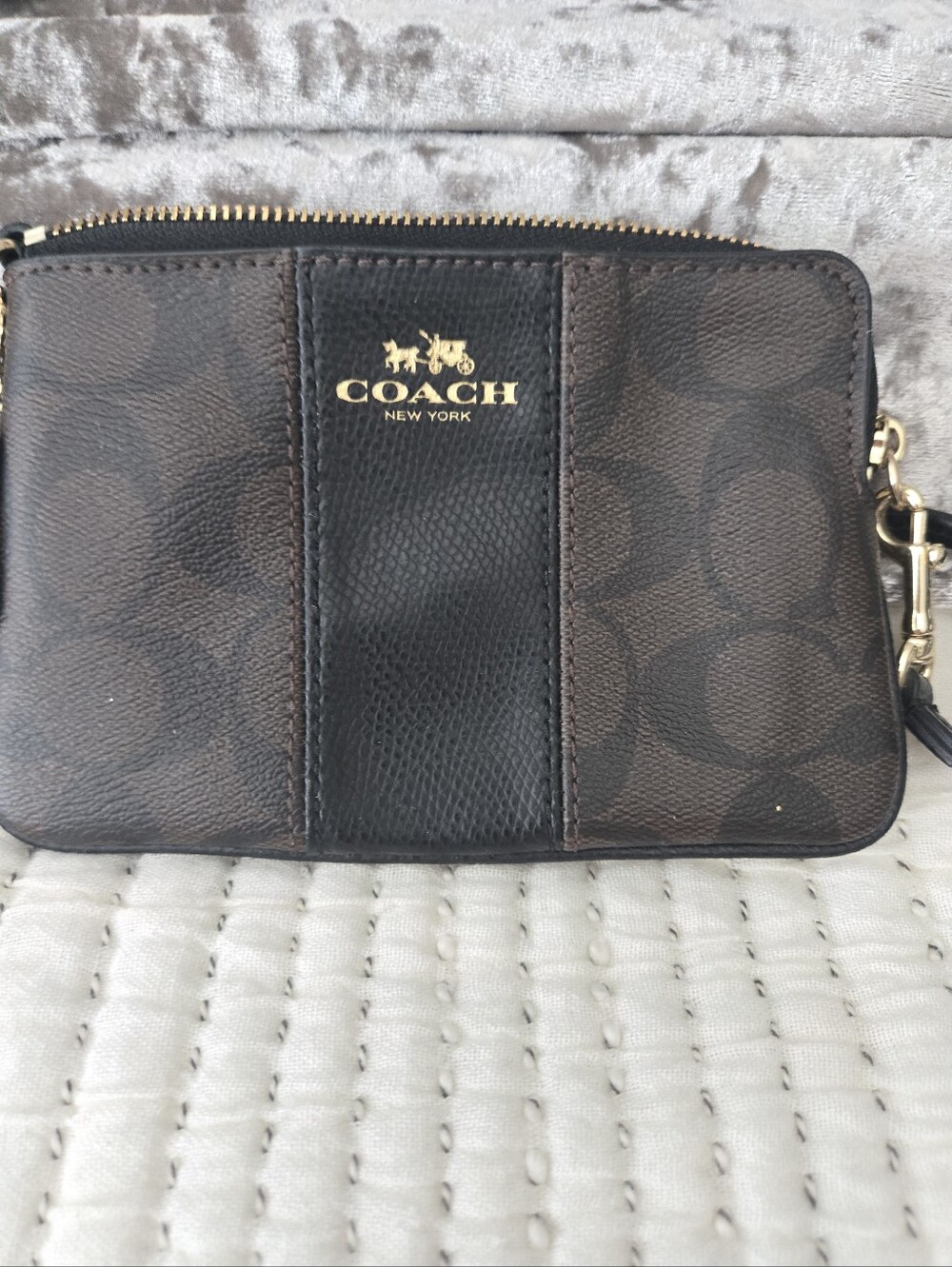 Coach Brown Signature Canvas & Black Leather Wristlet with Gold Logo